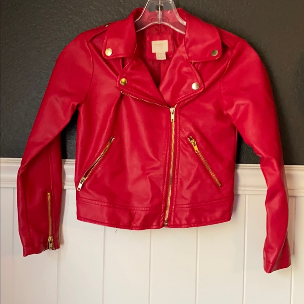 Girls Red Pleather Biker Jacket